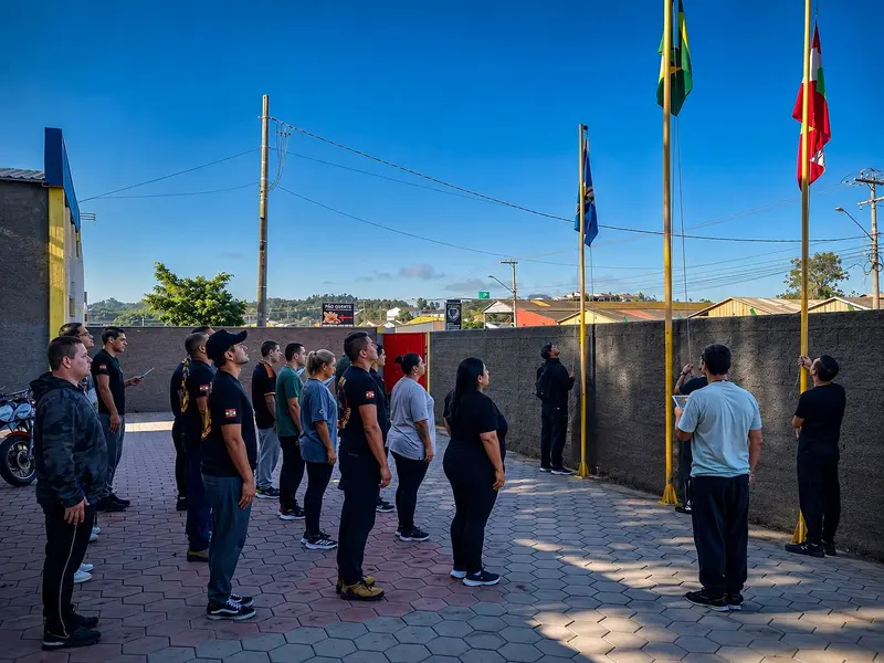 Alunos da OTMA em formação no pátio durante a cerimônia de hasteamento das bandeiras