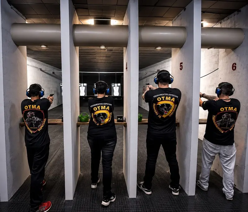 Quatro alunos com a camiseta da OTMA atiram com pistola nas baias do estande, usando protetores auriculares